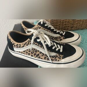 Vans Old Skool Leopard Print Sneakers in Tan, Black & White